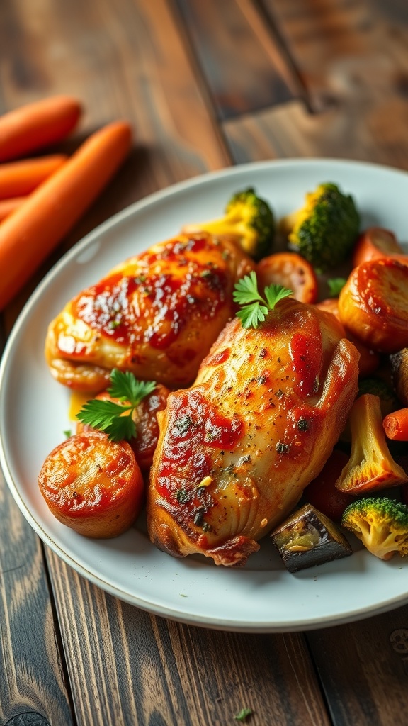 Crispy air fryer chicken thighs garnished with parsley, served with roasted vegetables on a rustic wooden table.